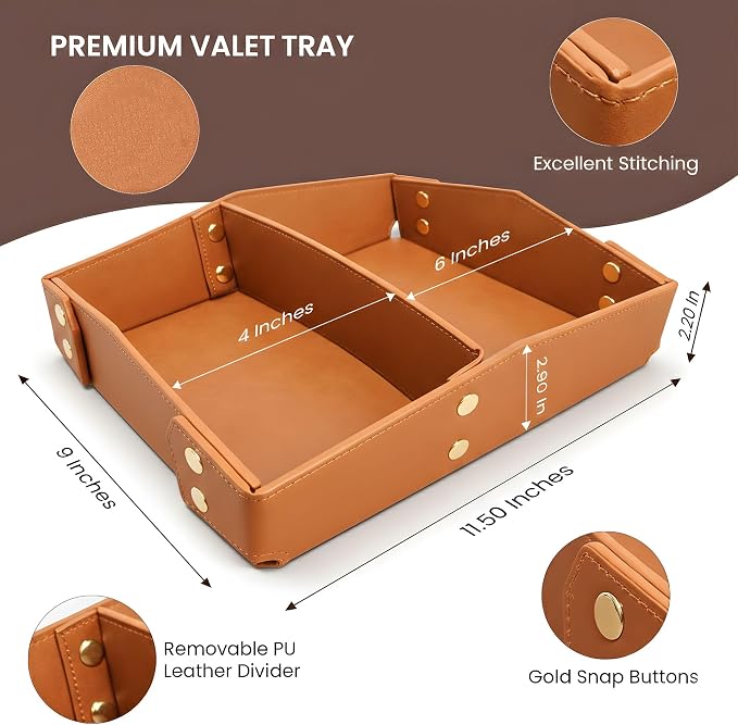 Valet Tray Organizer for Men & Women - PU Leather Catch All Tray with Removable Divider - EDC Storage for Keys, Watch, Phone - Nightstand, Dresser & Desk Organizer - Saddle Tan