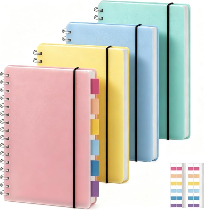 PAIKIUU 4 Pack Spiral Notebooks 5 x 7 in College Ruled, Mini Spiral Notebook, Waterproof 80 Sheets/160 Pages, Pocket Notebook with 120 Pcs Sticky Index Tabs for Home Office College School