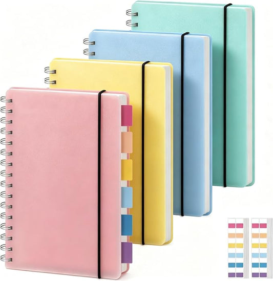 PAIKIUU 4 Pack Spiral Notebooks 5 x 7 in College Ruled, Mini Spiral Notebook, Waterproof 80 Sheets/160 Pages, Pocket Notebook with 120 Pcs Sticky Index Tabs for Home Office College School