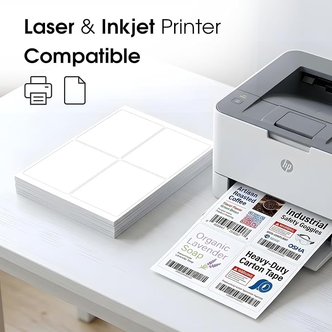 4" X 5" Matte White Printable Shipping Labels (250 Sheets, 1000 Stickers) | Address and Mailing Labels for Laser & Inkjet Printers - Spartan Industrial Template R022