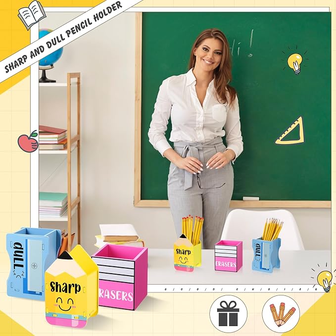 AmazingSpark 3 Pcs Pencil Shaped Holder Sharp and Eraser and Dull Holder Wooden Dispenser Pencil Storage Organizer for Back to School Management Organization(Cute)
