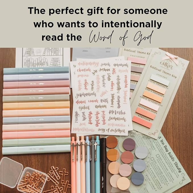 Esther Bible Journaling Kit, Loaded Bible journaling Supplies, Highlighters, Pens, Vellum Bible Tabs, Sticky Notes, Sticker Sheets, Fineliner, Paperclips & Bible Study Guide