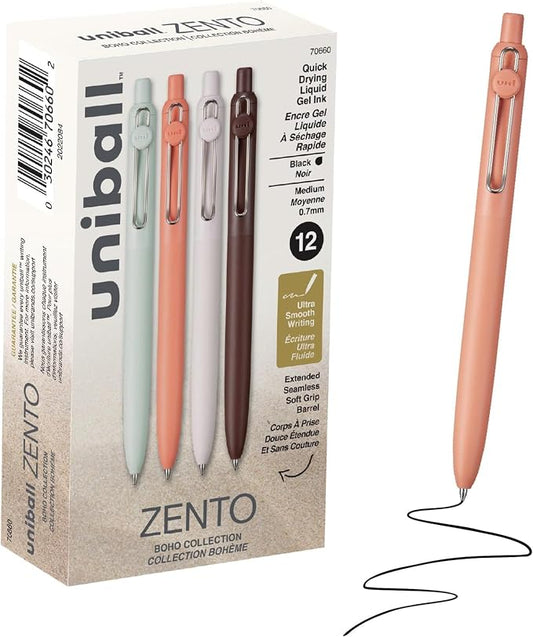 uniball Zento Liquid Gel Ink Retractable Pens, Medium Point (0.7mm), Boho Barrels, Black Ink, Dozen (Pack of 12)