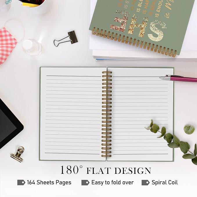 Self Care She Is Me Spiral Notebook, Sage Green Gold Inspirational Affirmations Journal Notebook, Self Love Notebooks for School Work, Positive Office Supplies Gifts for Women Girls, 5.5x8.3 Inch