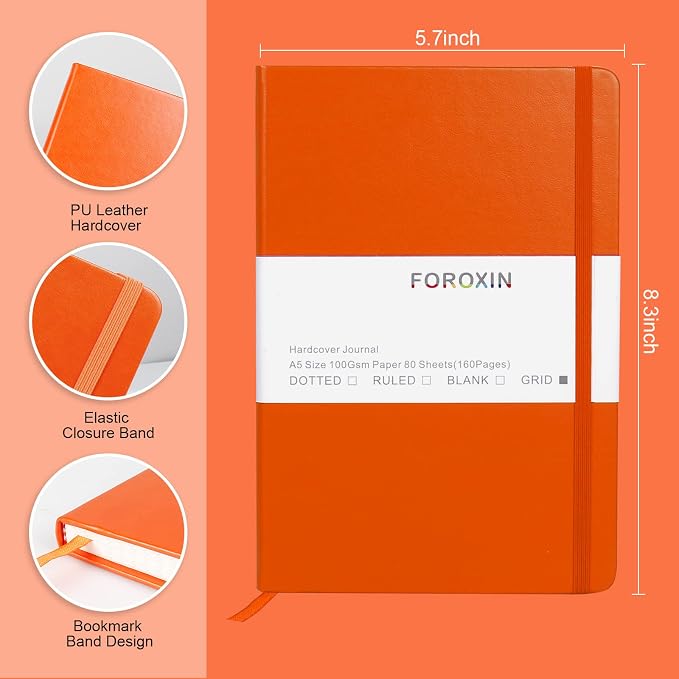 Grid Journal Bullet Notebook - Orange Leather Cover, 8.3 x 5.7Inch, 160 Pages, 100gsm Paper, Hardcover with Inner Pocket, Elastic Closure and Ribbon Bookmark, Great for Women and Men