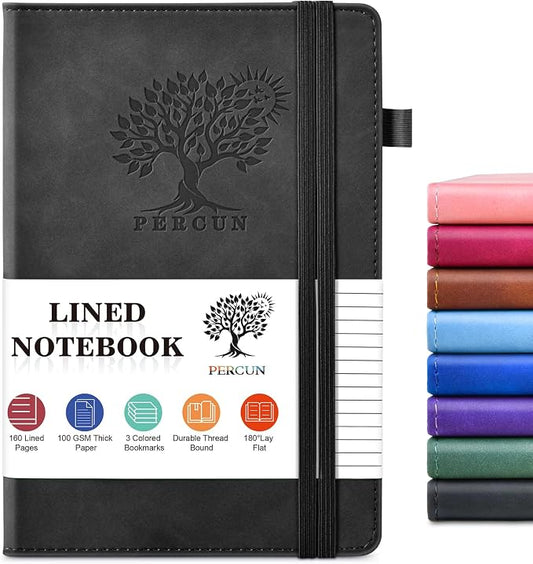 PERCUN A5 Leather Notebook Journal, 160 Lined Pages, 5.9" x 8.5" Black | Leather Journal for Men Women, Hardcover Notebooks for work, school, business, travel diary, Note taking & Daily Journaling