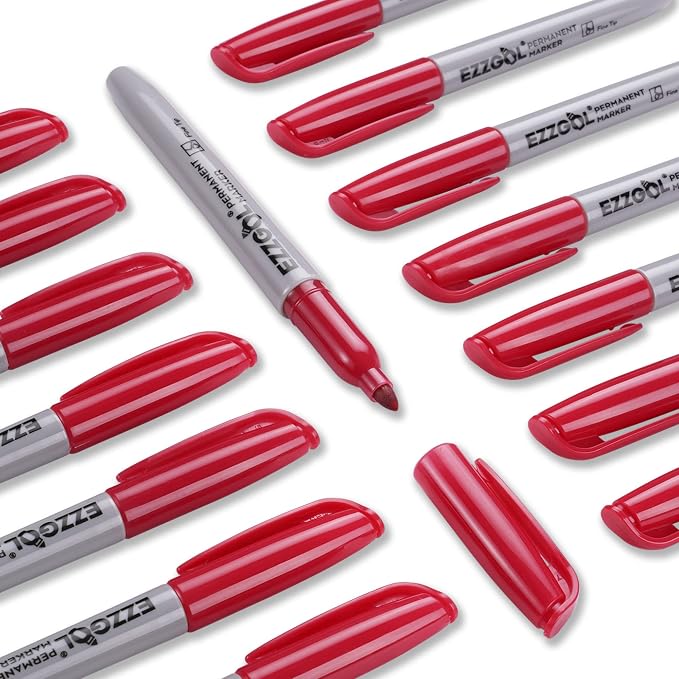 Ezzgol Permanent Markers Bulk, 72 Pack Red Permanent Marker Set, Fine Tip, Waterproof Markers, Premium Smear Proof Pens, Waterproof, Quick Drying, Office Supplies for School, Office, Home