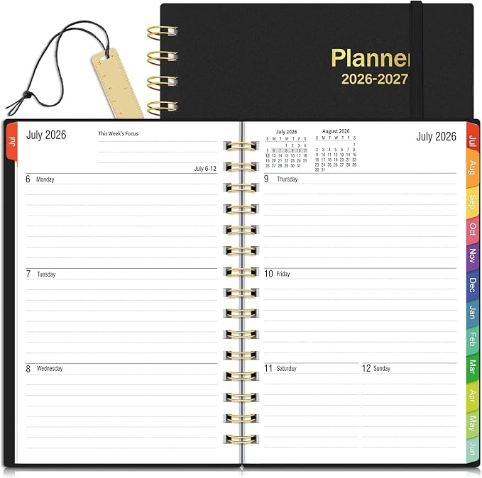 Daily Planner 2026-2027, 18 Month Planner with Tabs, July 2026 - December 2027 Weekly and Monthly Agenda Year Calendar Spiral Time Management, 100GSM Thick Paper, Twin-Wire Binding, A5 Size, Black