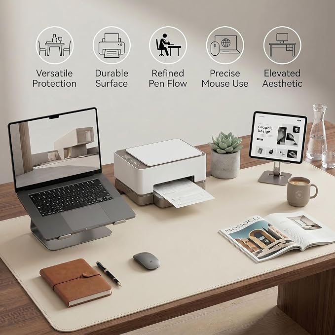 Large Desk Pad Non-Slip Desk Mat Protector for Keyboard Mouse Waterproof Vegan Leather Surface Faux Leather Laptop Mat Smooth Mouse Pad Premium Gift Tube Creamy White 23.6" x 13.7"