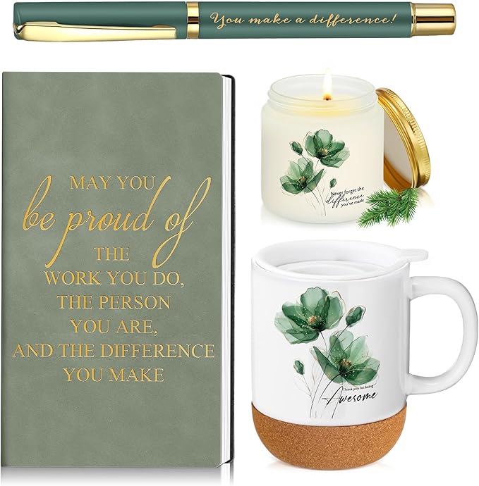 Sayglossy 4 Pcs Thank You Gifts Set for Women Back to School Teacher Appreciation Gift Leather Notebook Green Flower Coffee Mug Scented Candle Ballpoint Pen for Employee Coworker DSP Housekeeping Week