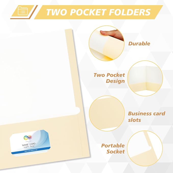 50 Packs Two Pocket Folders,Two Pocket File Folders with Business Card Slot,Beige,Letter Size,Paper Folders with Pockets for School Office Home Business