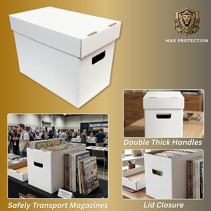 Max Protection Magazine Storage Boxes with Lids - Heavy Duty, 10 Pack | 200 lb Test Corrugated, Made in USA, File and Document Organizer, White, Tool-Free Assembly