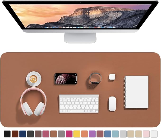Hsurbtra Desk Pad, 35.5" x 17" PU Leather Desk Mat, XXL Extended Mouse Pad, Waterproof Desktop Blotter Protector, Non-Slip Ultra Thin Large Laptop Keyboard Writing Mat for Office Home, Dark Apricot