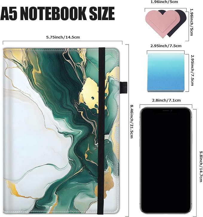 Hardcover Executive Notebooks, A5 PU Leather Lined Journal Notebook, 200 Pages Thick Paper Subject Notebooks for School,Work,Home Writing Business Notebook, Diary Book ，Emerald Green Gold Marble