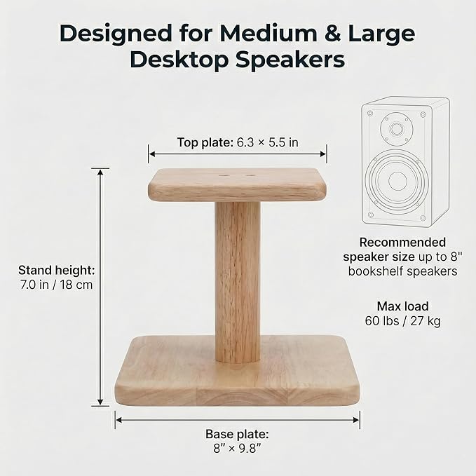 Desktop Speaker Stands Made of Pure Solid Wood, Natural Style, 360° Rotatable Top Plate, Suitable for Medium/Large Tabletop Speakers and Studio Monitors (Natural Oak_DSS7(7 inch))