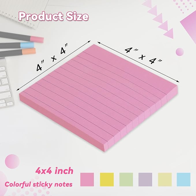 (12 Pack) Lined Sticky Notes 4x4 in, Pastel Colors Self Sticky Notes Pad Its Super Sticking Power Memo Pads, 4x4 Large Square Sticky Notes for Office, Home, School, Meeting