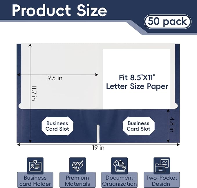 VZCPYTPM 50 Pack Navy Blue Folders with Pockets,2 Pocket File Folders for Letter Size (8.5 x 11 Inch),Professional Design with Business Card Slot for Office and School Organization