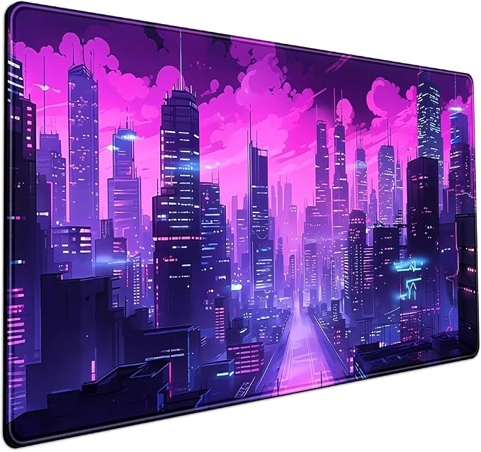 Cyberpunk Neon Purple City Gaming Desk Mouse Pad XL Pink Extended Mouse Pad Gaming, Keyboard Pc Office Laptop Mousepad Large, 31.5x15.8 in with Stitched Eges Non-Slip Base Mouse Pads