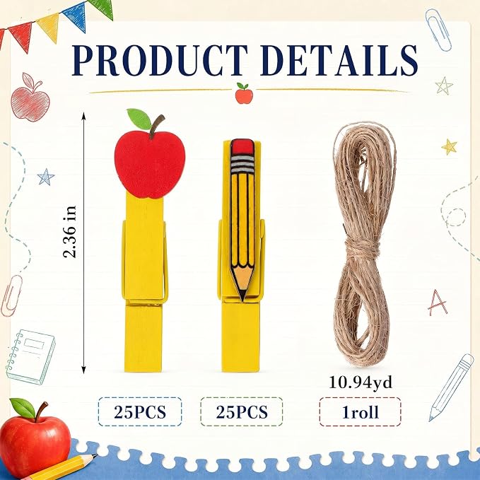 Mifoci 50 Pack Back to School Wooden Photo Clips with Twine, Apple and Pencil Shaped Clothespins for Classroom Decor, Student Work Display, Teacher Appreciation Gifts, Bulletin Board Party Decorations