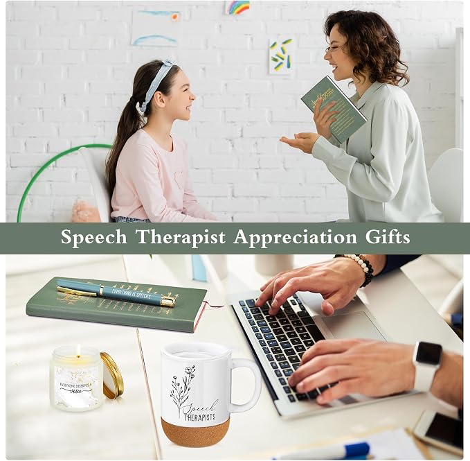 Sayglossy 4 Pcs Speech Therapist Gift Set Therapy Speech Language Pathologist Gift for Men Women Slp Thank You Appreciation Notebook Coffee Mug Scented Candle Ballpoint Pen for Therapist Coworker