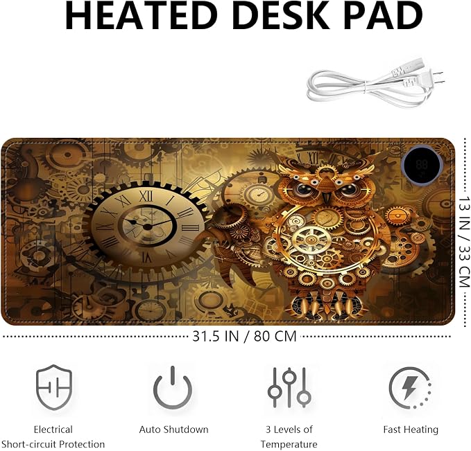Heated Mouse Pad with 3 Levels Heated & 3 Hours Auto Shut-Off Mouse Pad for Warming Hands in Office Home, 31.5" x 13"Large Safe Desk Mat Hand Warmer，Mechanical Owl