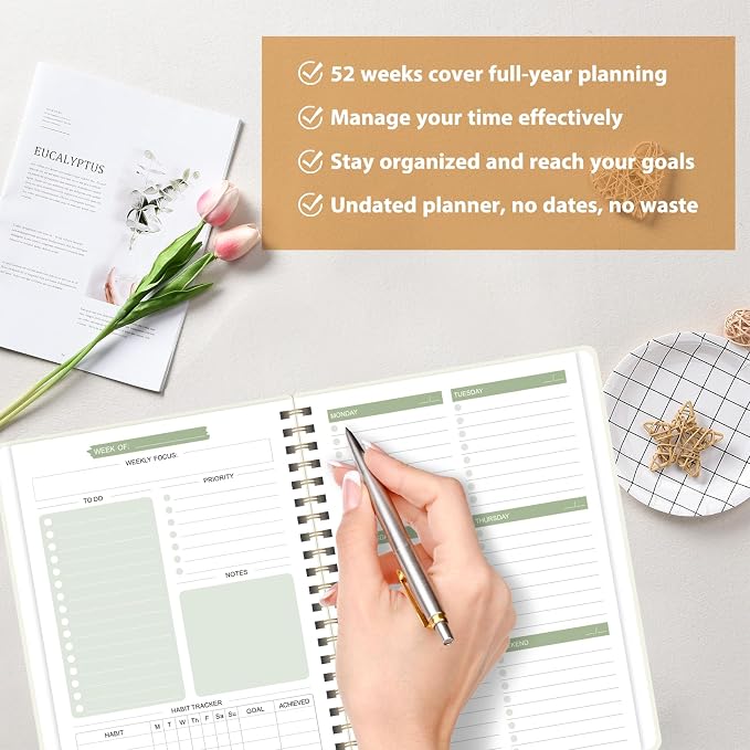 Undated Weekly Planner, Weekly To Do List Notebook, A5 Daily Planner | Office School Supplies, Spiral Binding, Inner Pocket, Goal, Organizer, Habit Tracker