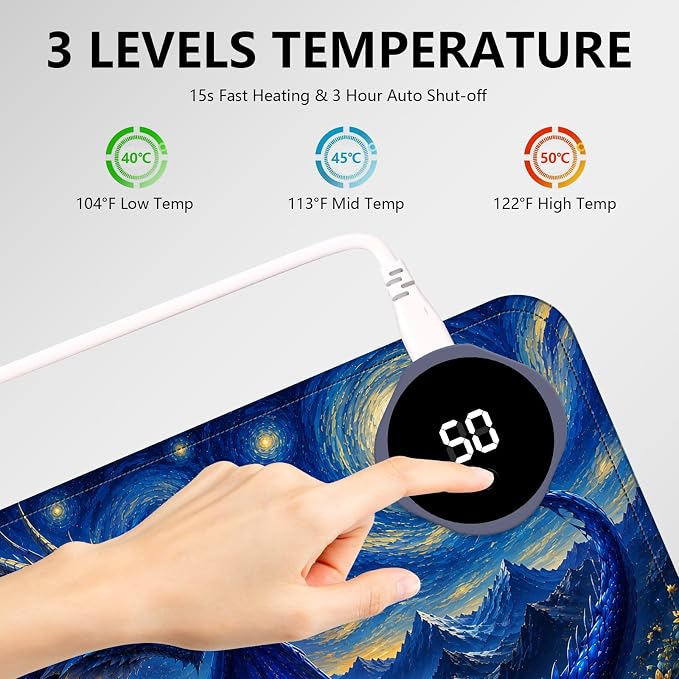 Large Heated Mouse Pad–31.5" x 13" Desk Mat for Office | 3 Adjustable Heat Levels,Auto Shut-Off After 3 Hours for Safety,Keeps Hands Warm While Working，Blue Dragon Starry Sky