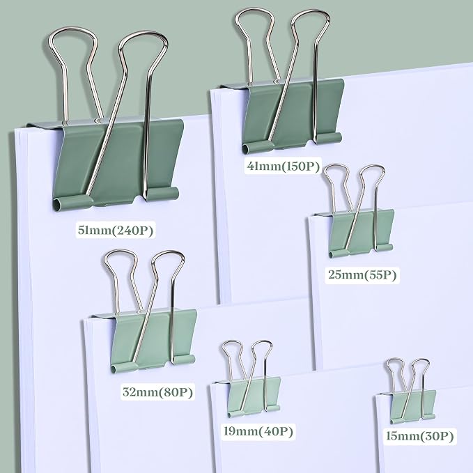 Temiary Aesthetic Binder Clips, Large Metal Binder Clip with Clear Storage Container, Binding Paperwork Clamps for School Teachers Office Supplies (Green 1.6 Inch, 24P)
