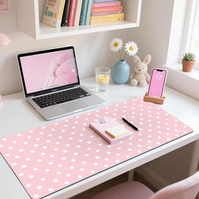 White Polka Dot Leather Desk Mat Extended Gaming Mouse Pad | Non-slip Large Writing Pad Laptop Blotter Computer Keyboard Mat | Cute Pink Desk Protector for Home Office 31.5" x 15.7"