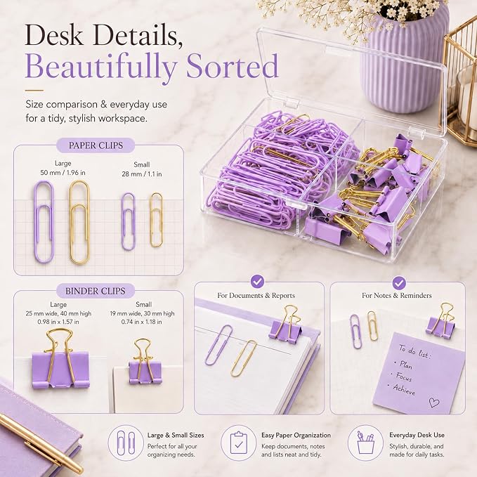 Purple and Gold Paper Clips Binder Clips Set with Storage Box, 165 Psc, Assorted Size Decorative Office Clips, Cute Desk Accessories for School, Home Office, Planner, Journal and Documents