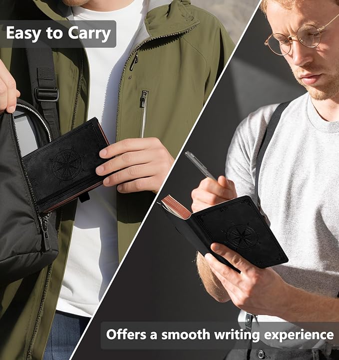 AHGXG Small Lined Pocket Notebook, 256 Numbered Pages, B6 (4.1'' X 5.7'') | College Ruled Mini Journal, Vintage Leather Softcover, 80gsm Paper, for Men Women Work Office School (Black)