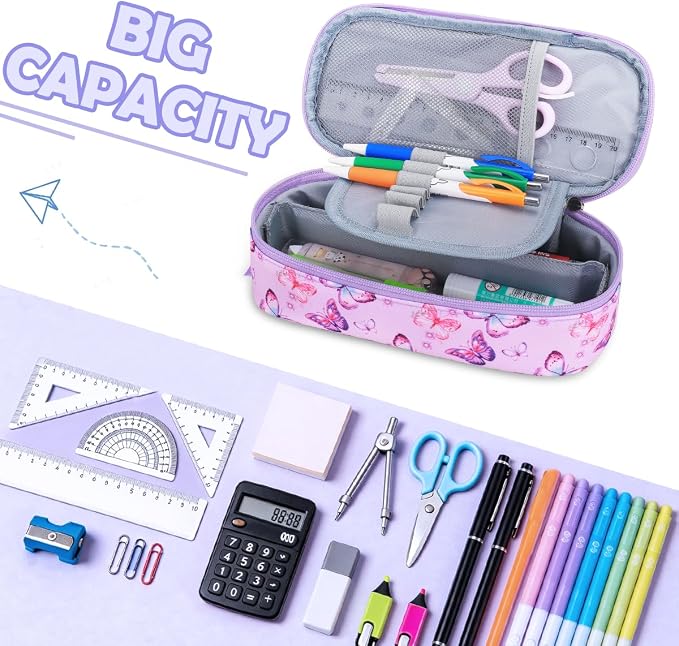 RHCPFOVR Kids Pencil Case for Girls-Soft Zipper Large Capacity Pencil Pouch for Girls Pencil Case for School Pencil Bag for Toddler (Purple Butterfly)