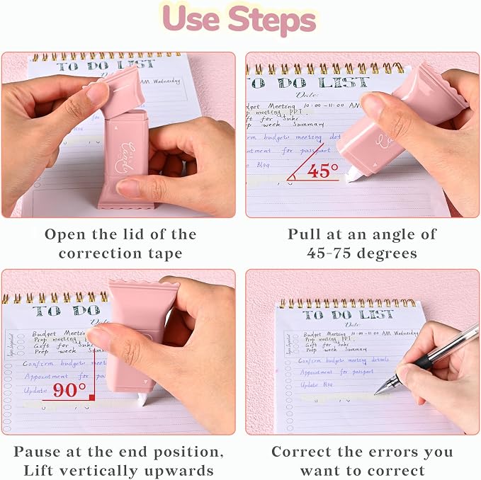 Temiary 6 Pcs Cute White Correction Tapes for Instant Corrections, Pink