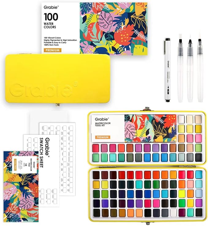 Grabie 100 Colors Premium All-In-One Watercolor Paint Set - 50 Essential, 35 Metallic, 10 Pastels, 5 Neon Hues - Portable Case, Brush Pens, Paper Pad, Waterproof Fineliner Pen, Beginner & Professional, Set of 100