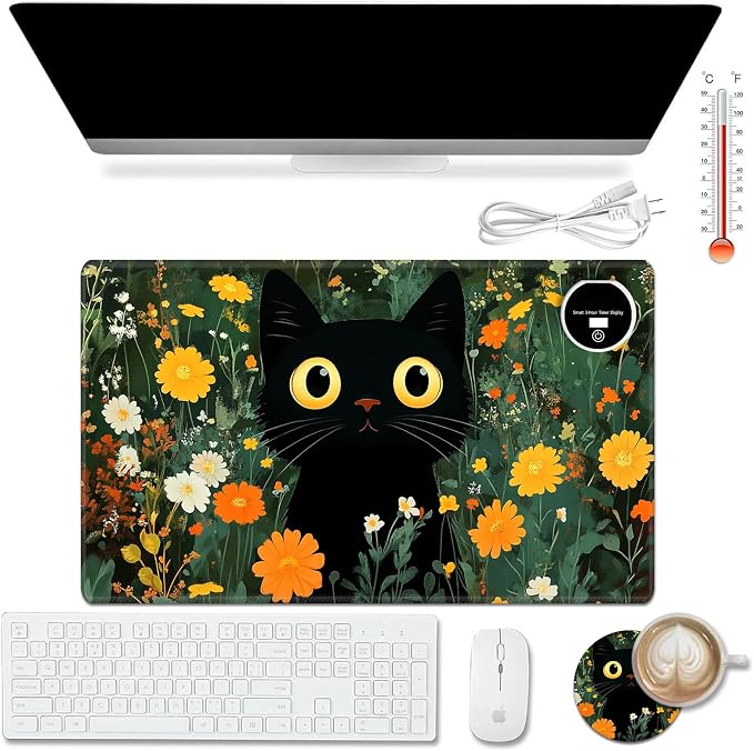 Heated Desk Pad Mouse Pad,Heated Desk Mat,with 3 Heating Levels & 3 Hours Auto Shut-Off,Leather 23.6"*14.2" Gaming Mouse Laptop Mat,Foot Warmer,Cute Cat Floral