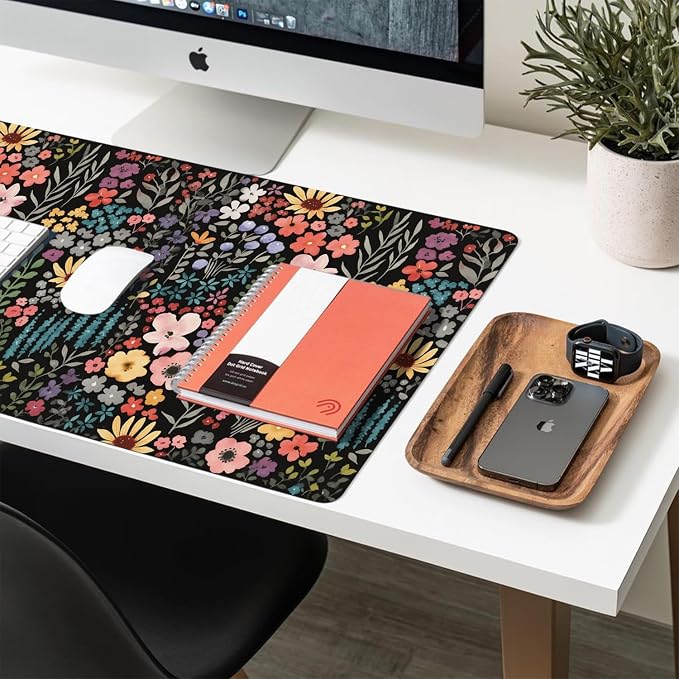Flower Large Mouse Pad, Floral Desk Matt for Desktop, PU Leather Waterproof Desk Pad, Computer PC Laptop Protector Gaming Mouse Pads for Women Office Decor (27.5" x 13.8")