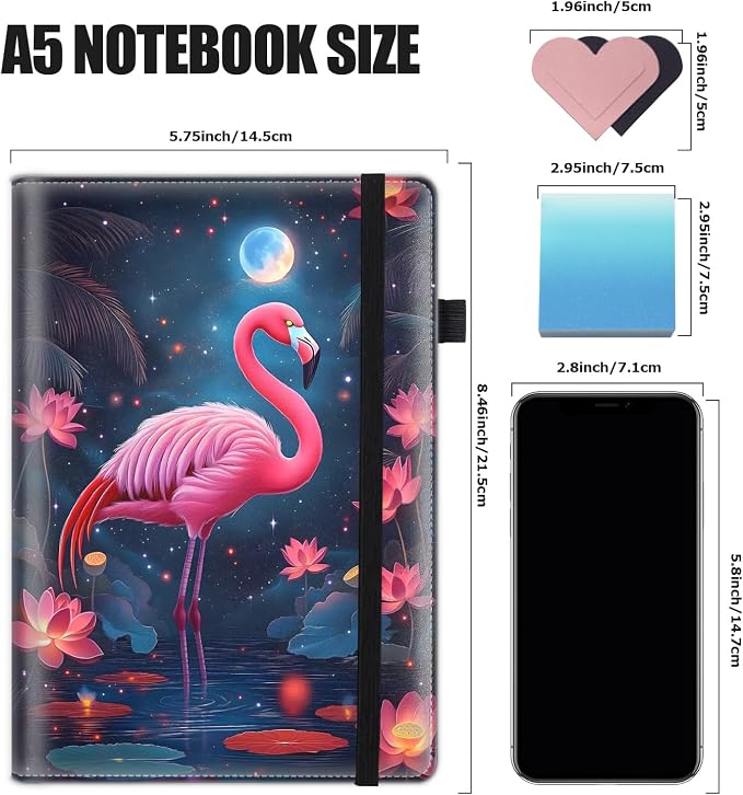 Hardcover Executive Notebooks, A5 PU Leather Lined Journal Notebook, 200 Pages Thick Paper Subject Notebooks for School,Work,Home Writing Business Notebook, Diary Book ，Red Flamingo