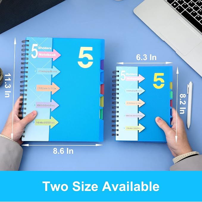 CAGIE 5 Subject Notebook 8.5 x 11, A4 Spiral Notebooks with Dividers Tabs | College Ruled 240 Pages Spiral Notebook for Note Taking, School, Work, Blue