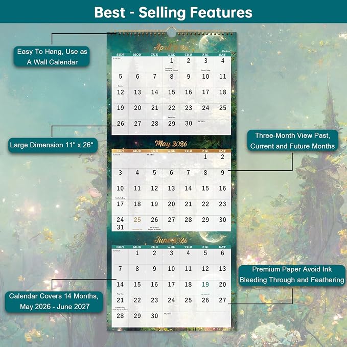 Calendar 2026-2027 - 3 Month Calendar, April 2026 - July 2027, 11"x 26" | 3 Month Wall Calendar Vertical Display (Folded in a Month), 2026-2027 Wall Calendar with Thick Paper, To-do & Notes - Green