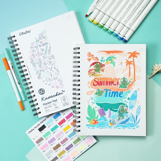 Ohuhu Double-Sided Marker Pad Art Sketchbook Bleedproof - 7"x10" Large Paper Size - 90 LB/150 GSM Smooth Drawing Paper - 60 Sheets/120 Pages - Spiral Bound Sketching Book for Alcohol Markers