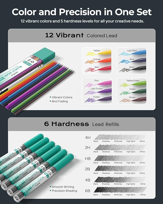 Nicpro 3 Pack Blocky Gear 2.0 mm Metal Mechanical Pencils Set with Case | Drafting Pencil with 13 Tubes 2mm Lead Refills (HB 2B 2H 4B 4H 6B & Colors), Erasers for Carpenter Writing Drawing