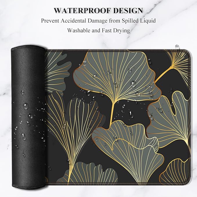 Auhoahsil Desk Pad, XL Extended Large Gaming Mouse Pad 31.5 x 11.8 Inch, Waterproof Mousepad with Stitched Edge, Non-Slip Computer Keyboard Laptop Mat for Women Men Office Work, Colorful Ginkgo Leaves