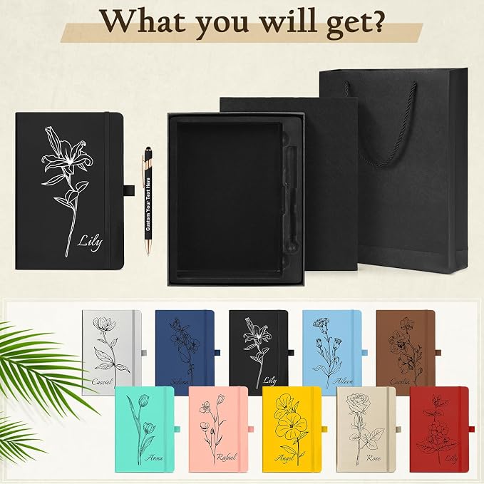 ENOMY Personalized Notebook Writing Set A5 Journal PU Leather Custom Notebook 200 Lined Pages Business Notebook with Metal Pen Gift Box for Holiday College Birthday Business Gift, Brown