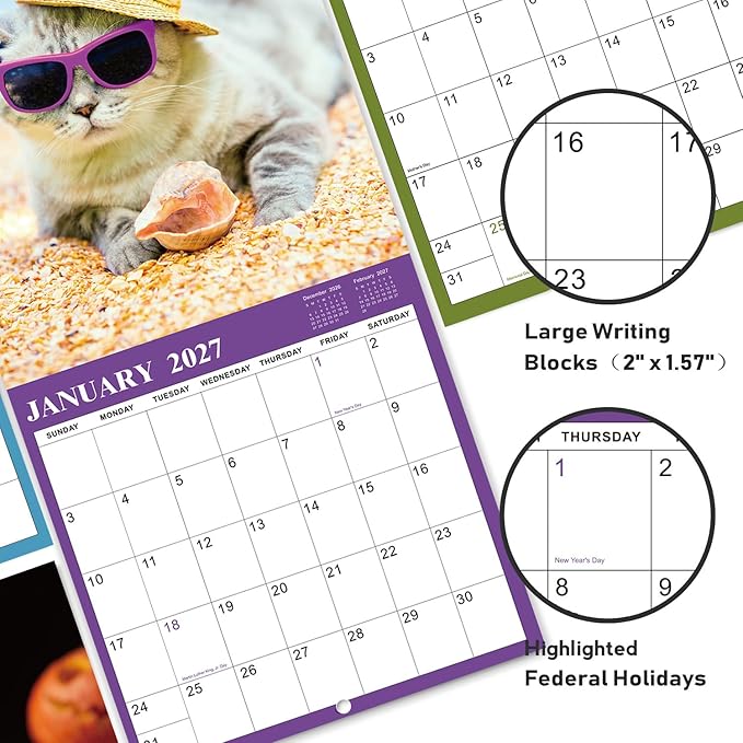 Calendar 2026-2027 - Wall Calendar 2026-2027, Jul. 2026 - Dec. 2027, 12" x 24" (Open), 18 Months Cat Calendar 26-27, Large Wall Calendar Kitten, Thick Paper, Unruled Blocks, Perfect for Organizing | 12" x 24" (Open), 18 Months Cat Calendar 26-27, Large...