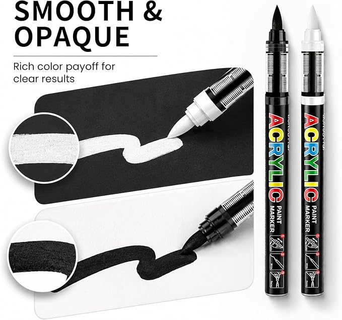 Surcotto Black and White Acrylic Paint Markers,12 Pack Paint Pens Markers,Brush Tip & Direct Ink Flow,Paint Pen Sets for Stone,Wood,Calligraphy,Canvas,Ceramic, Metal, Glass, Rock Painting, DIY Crafts