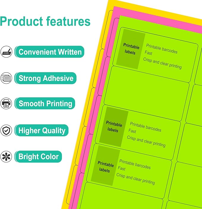 LLIKED 300 Fluorescent Address Labels 2" x 4" - Bright Neon Shipping Stickers for Packages, Envelopes and Organizing - Laser & Inkjet Printer Compatible - Green, Yellow, Pink - 30 Sheets
