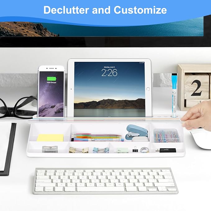 Desktop Glass Whiteboard with Storage, Weekly Calendar Desk White Board | Computer Keyboard Stand, Office Desk Organizers and Accessories with Drawer, To Do Memo Notepad, Home School Supplies