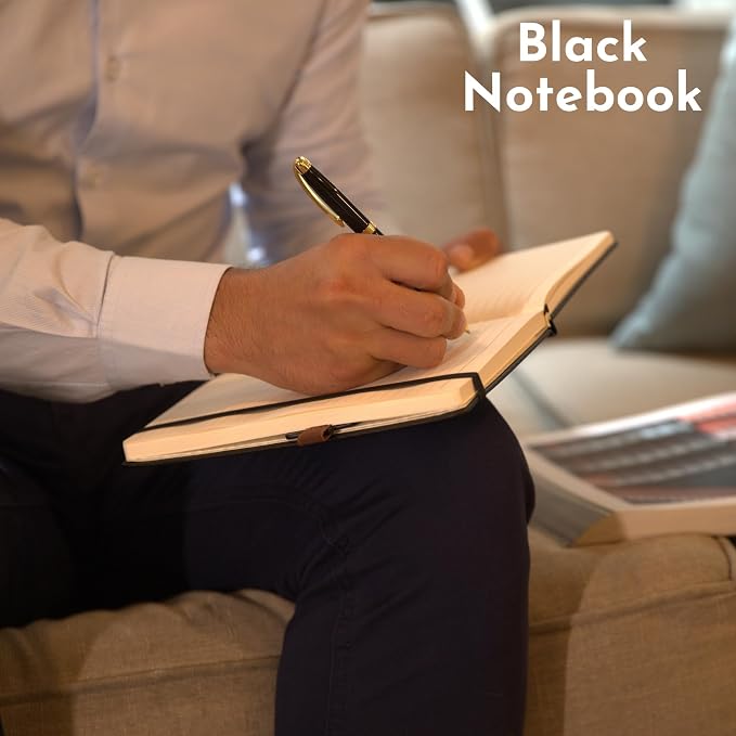 SETTINI® Hardcover Lined Journal Notebook A5 120 GSM Lay-Flat, Onyx Black | lay-flat binding, 120 GSM thick paper, A5, lined, ribbon bookmark, elastic closure, for men