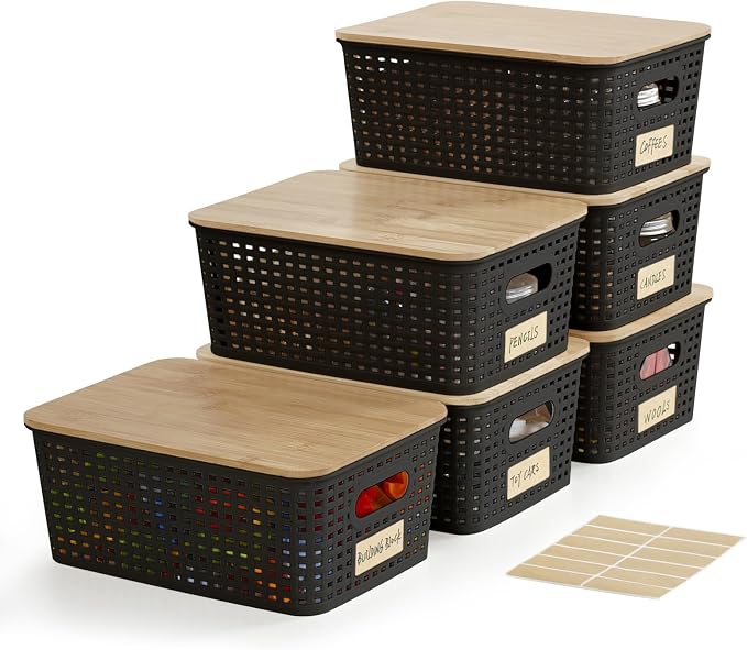 Bagnizer Small Plastic Storage Bins with Bamboo Lids 5.2qt Stackable Box Basket Pantry Decorative Containers Cute with Lable for Organizing Desktop Closet Office Black of 6 packs 10 * 7.2 * 4.1"