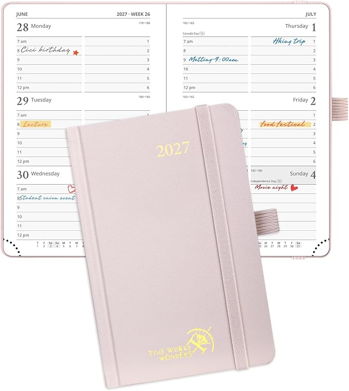 POPRUN Pocket Calendar 2027, 4" x 6.25" Pocket Calendar for Purse, Jan 2027 - Dec 2027 Small Planner, Weekly Appointment Book with Hourly Time Slots, Hardcover, 100 GSM - Light Pink